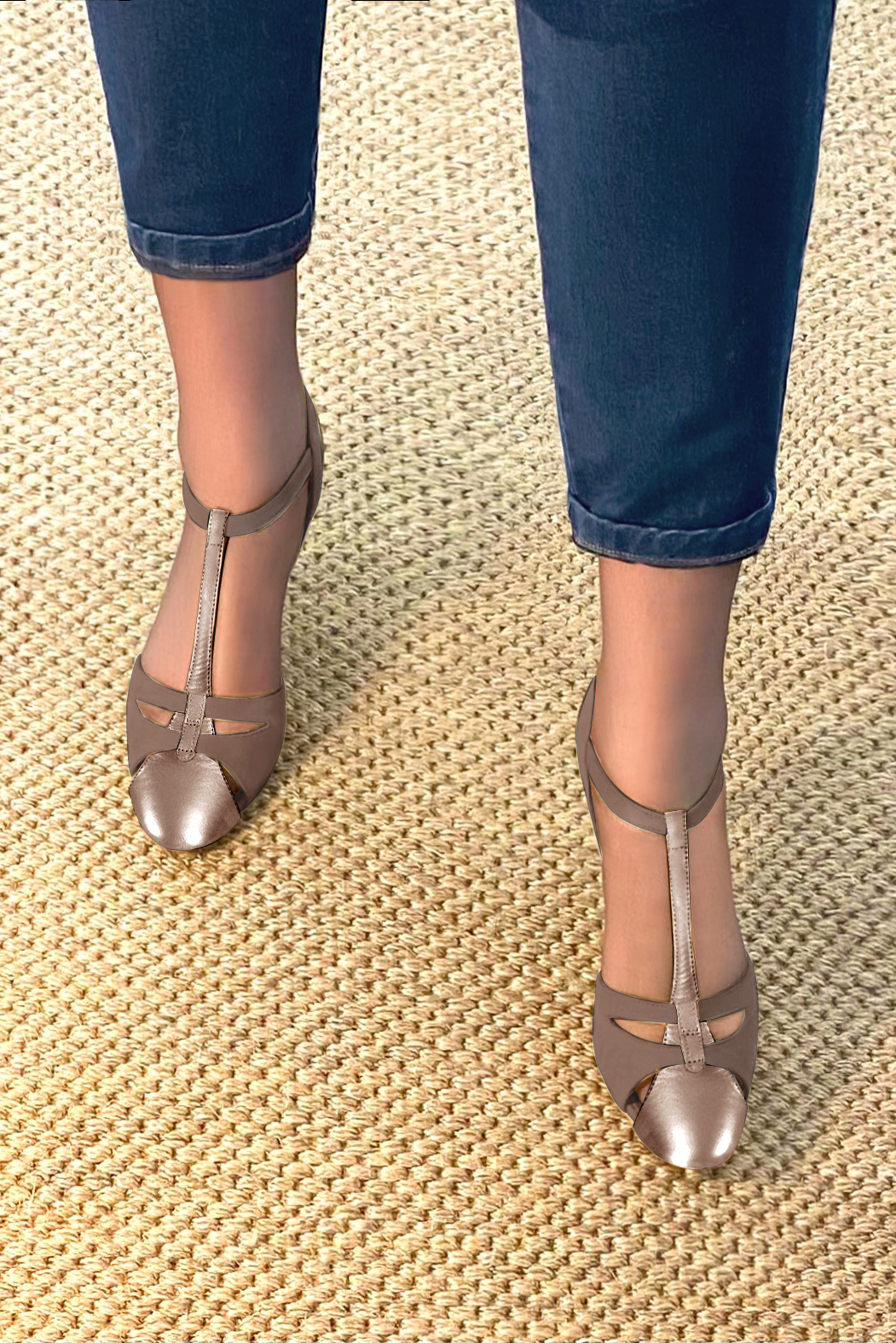 Women's antique gold and bronze beige elegant T-strap closed-toe heels. Round toe. Medium slim heel - Worn view